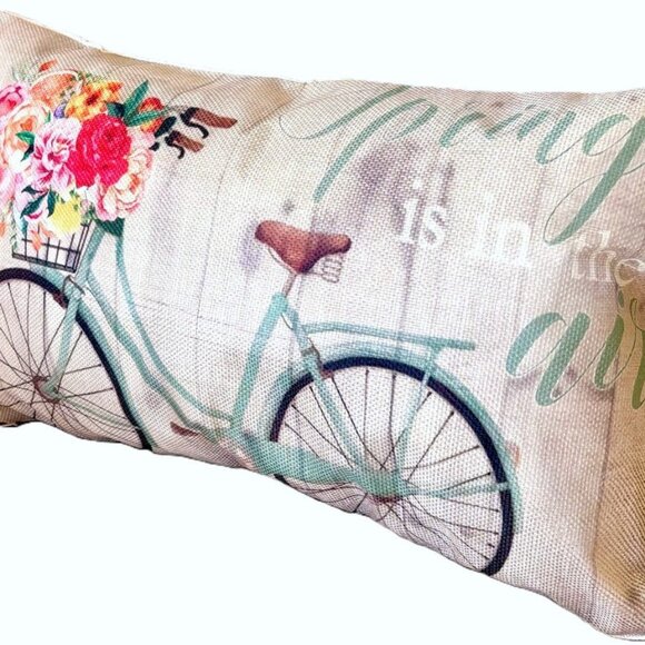 12"x20" Linen Spring is in the Air Flower Basket Bicycle Throw Pillow Cover New - Picture 1 of 4